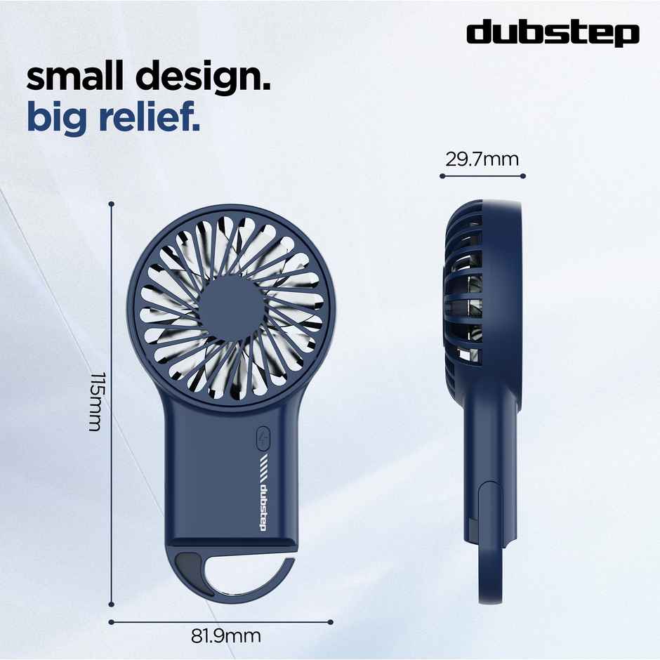 Dubstep 5Watt Flo-F1 Mini Handheld USB Rechargeable Desk Cooling Fan with 3x Speed Mode, Foldable Hook & Stand, 8000 RPM, 3 Speed, Powerful Mini Fan for Travel, Office, Kitchen, Lightweight & Quiet - Blue