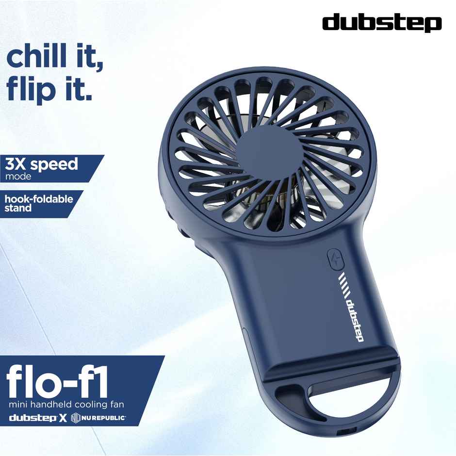 Dubstep 5Watt Flo-F1 Mini Handheld USB Rechargeable Desk Cooling Fan with 3x Speed Mode, Foldable Hook & Stand, 8000 RPM, 3 Speed, Powerful Mini Fan for Travel, Office, Kitchen, Lightweight & Quiet - Blue