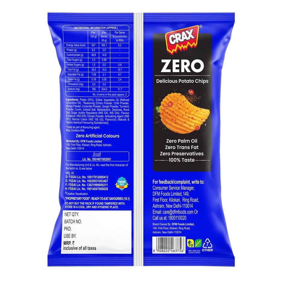 Crax Zero No Palm Oil Masala Potato Chips Snacks