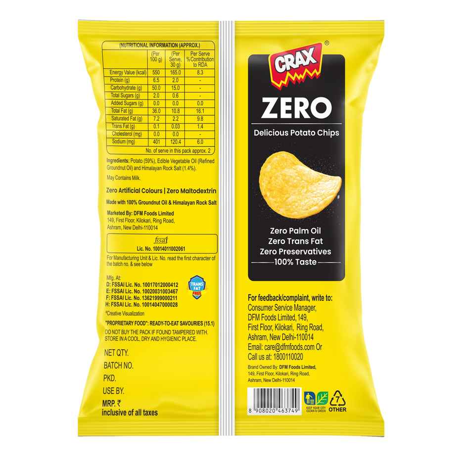 Crax Zero No Palm Oil Salted Potato Chips Snacks with Himalayan Rock Salt