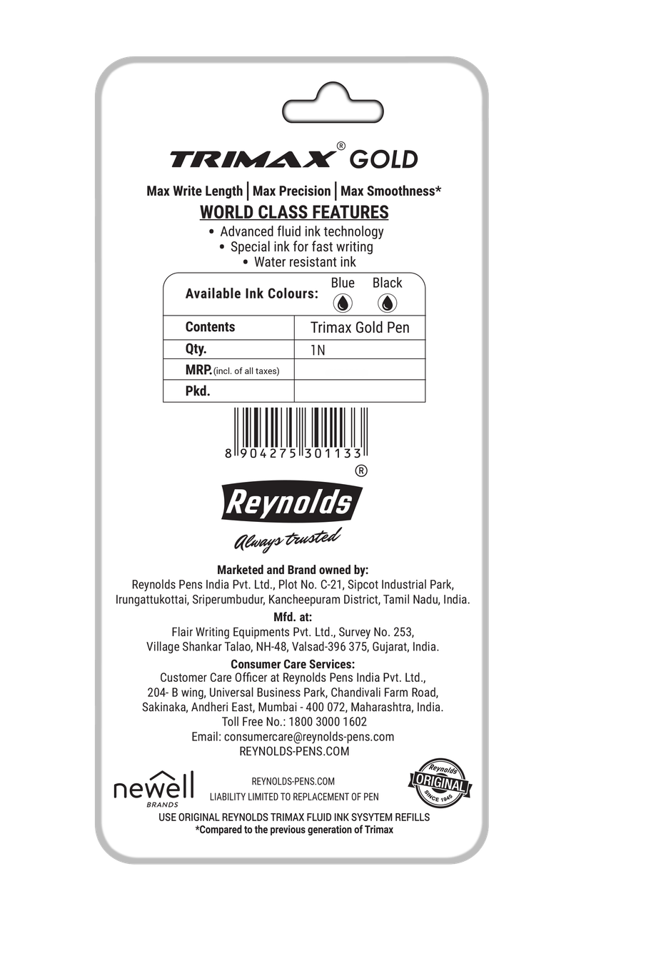 Reynolds Trimax Gold Roller Ball Pen Set (1 Blue Pen; Premium Pen For Professional)