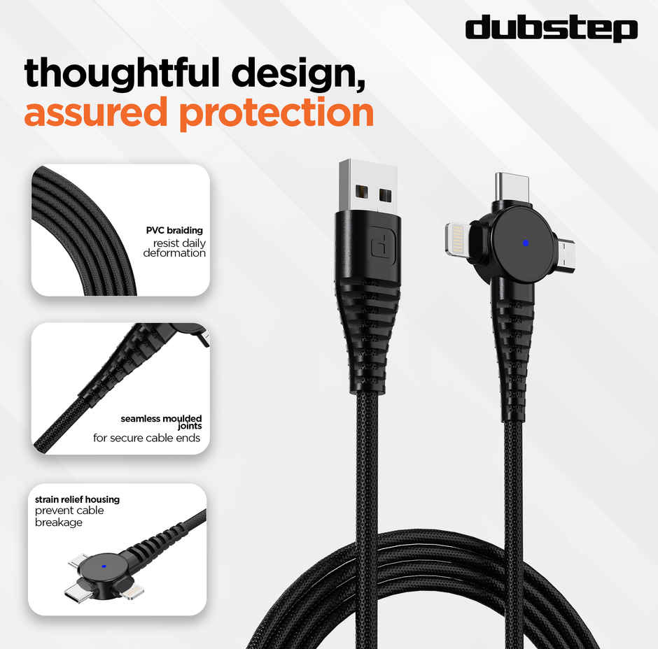 Dubstep Blaze Trinity 50W 3 In 1 Fast Charging Multipurpose Cable (Type-C + Micro + Type-L, Black)