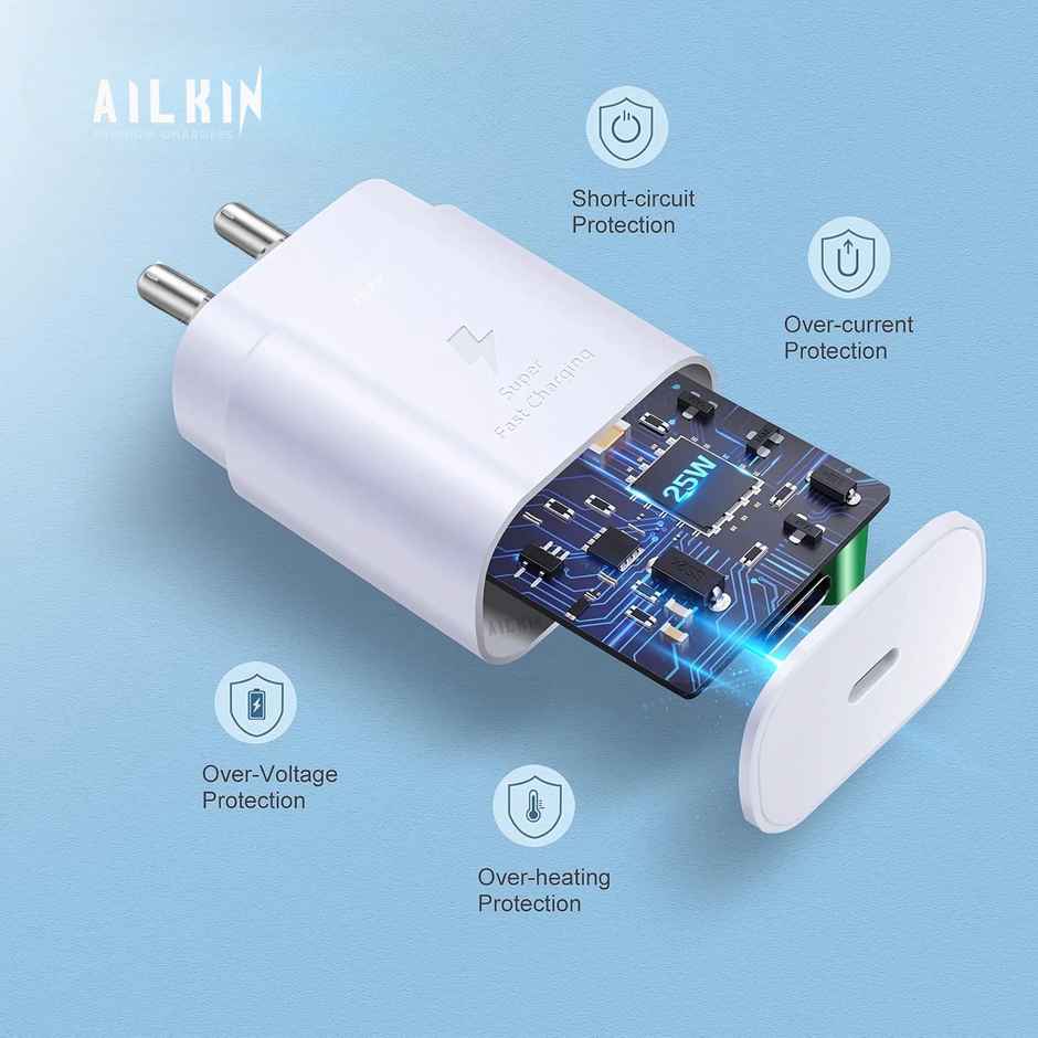 Ailkin 25W C-Type Adapter Compatible with Samsung Galaxy S/A/M/F Series|Super Fast Charger for S23/S22 Ultra/S21/21 Fe/S20+/S20/Note 20/Note 10/M54/M53 5G/M33/M23/A34/A54 5G/A13/F14/F23/F62,White