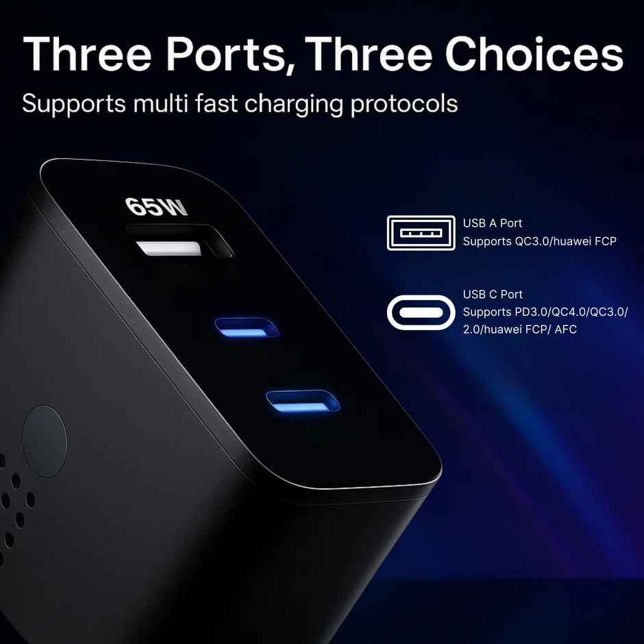 Roarx 65W GaN Type C Fast Charger Adapter | 3 Ports - USB , Type C to Type C Adapter | Black