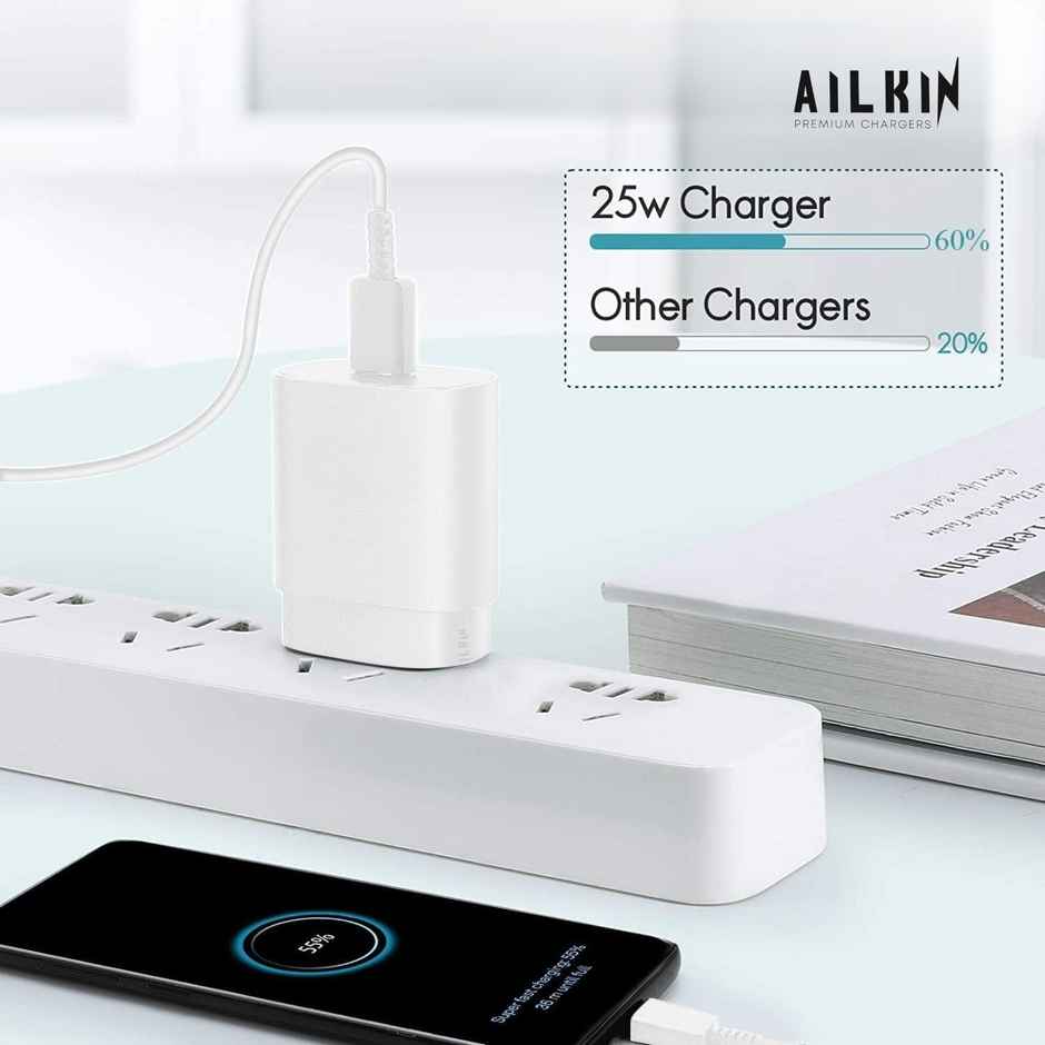 Ailkin 25W C-Type Adapter Compatible with Samsung Galaxy S/A/M/F Series|Super Fast Charger for S23/S22 Ultra/S21/21 Fe/S20+/S20/Note 20/Note 10/M54/M53 5G/M33/M23/A34/A54 5G/A13/F14/F23/F62,White