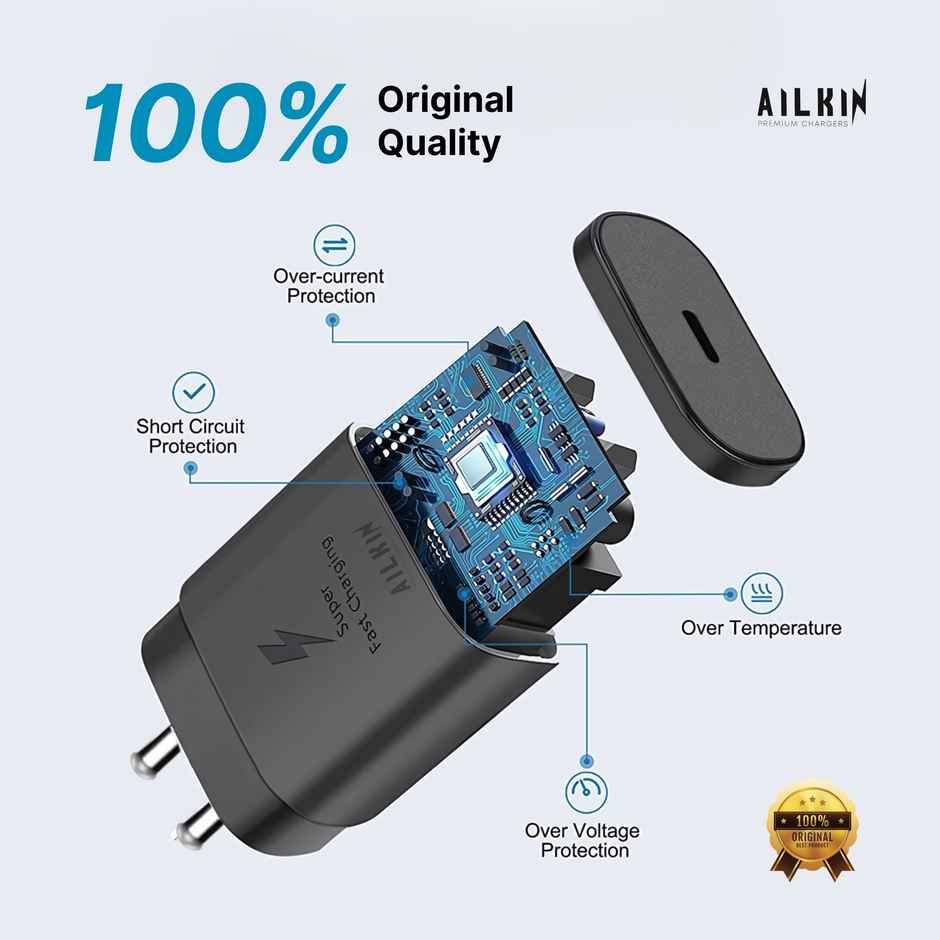 Ailkin 25W USB-C Superfast Charger with Cable for Samsung Galaxy A|F|M|S Series | Black