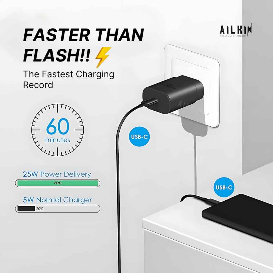 Ailkin 25W USB-C Superfast Charger with Cable for Samsung Galaxy A|F|M|S Series | Black