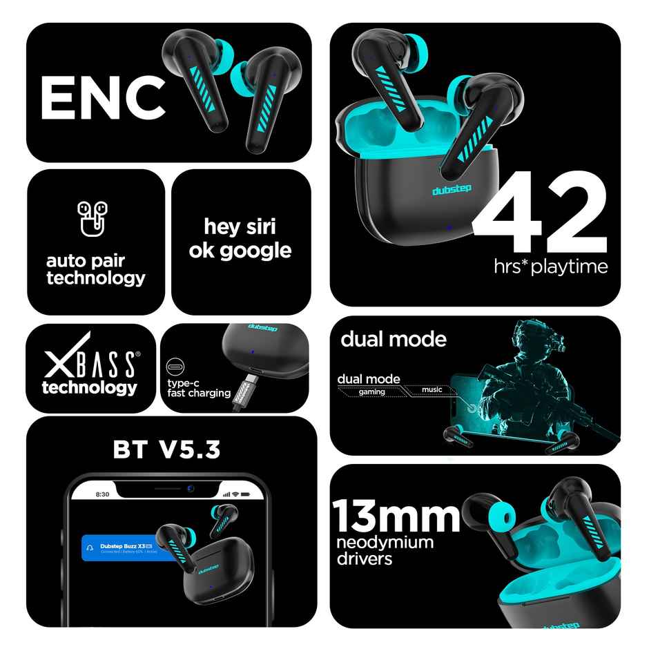 Dubstep Buzz X3 with 42 Hrs Playtime True Wireless TWS Earbuds (Black/Blue)