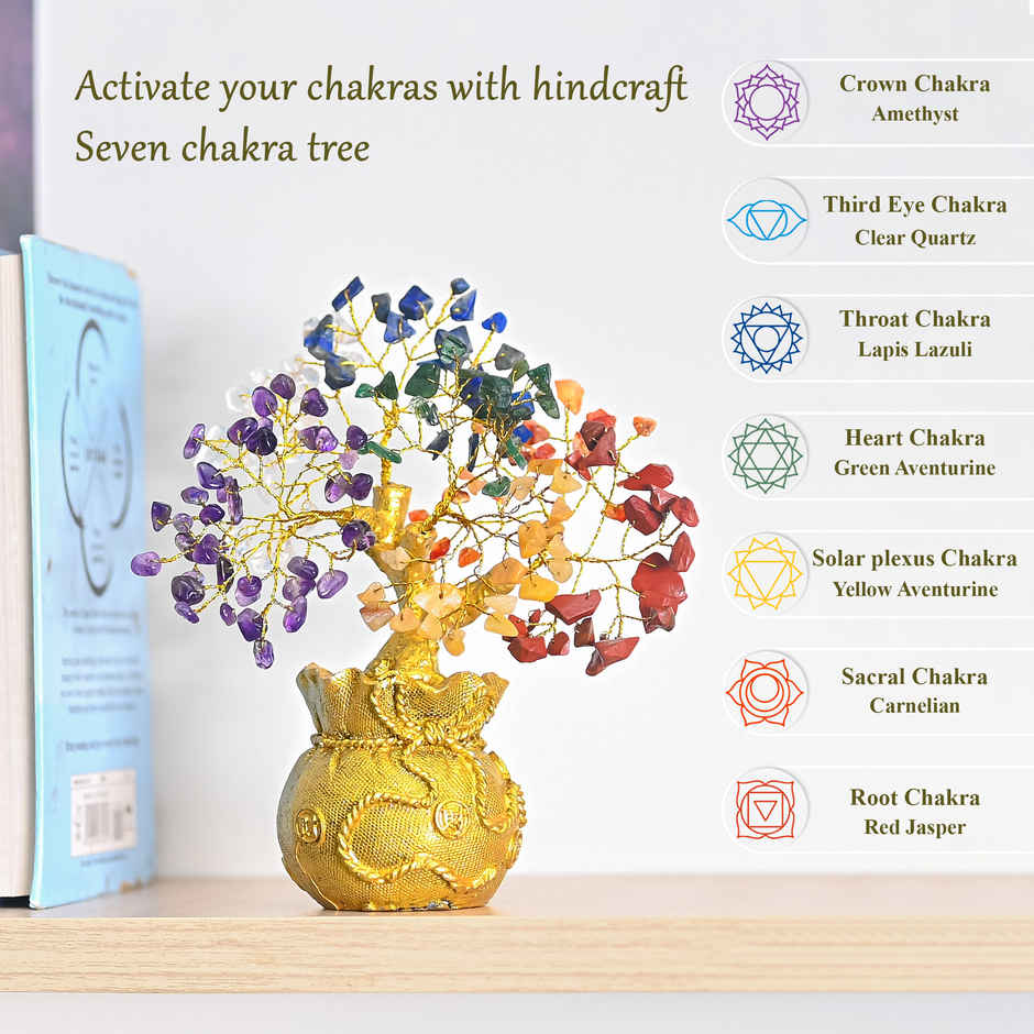 HINDCRAFT 7 Chakra Healing Crystal Bonsai Tree of Life with Golden Abundance Base