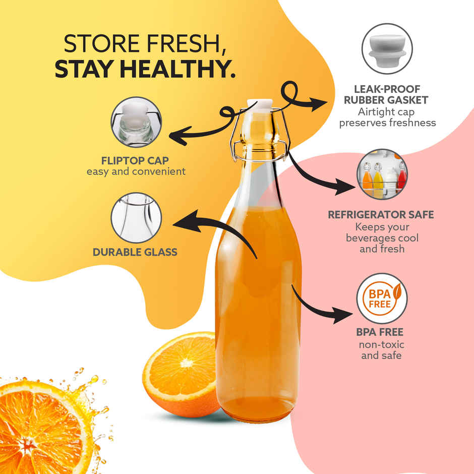 Agaro Elegant Flip Top Glass Bottle | Freezer Safe & Leakproof Flip Cap | Clear & Stylish | 1 L