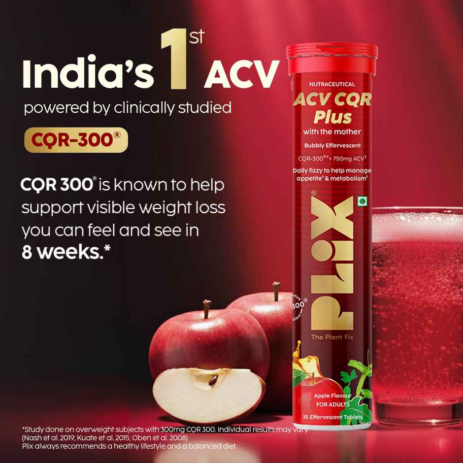 Plix The Plant Fix ACV CQR Plus Effervescent Clinically Studied CQR 300 ACV Fat Metabolism Support