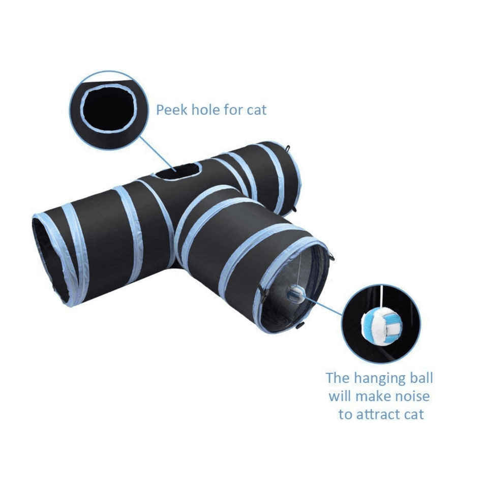 Foodie Puppies 3 Way Foldable Cat Tunnel Toy | Blue Black