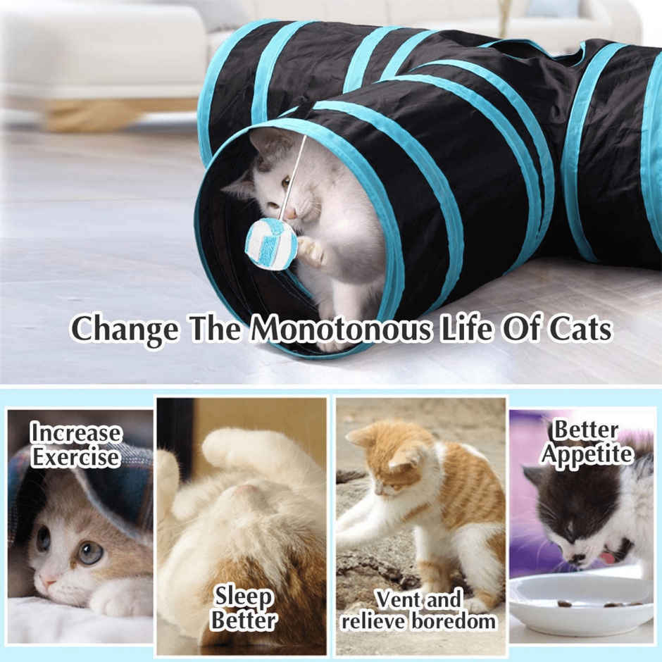 Foodie Puppies 3 Way Foldable Cat Tunnel Toy | Blue Black