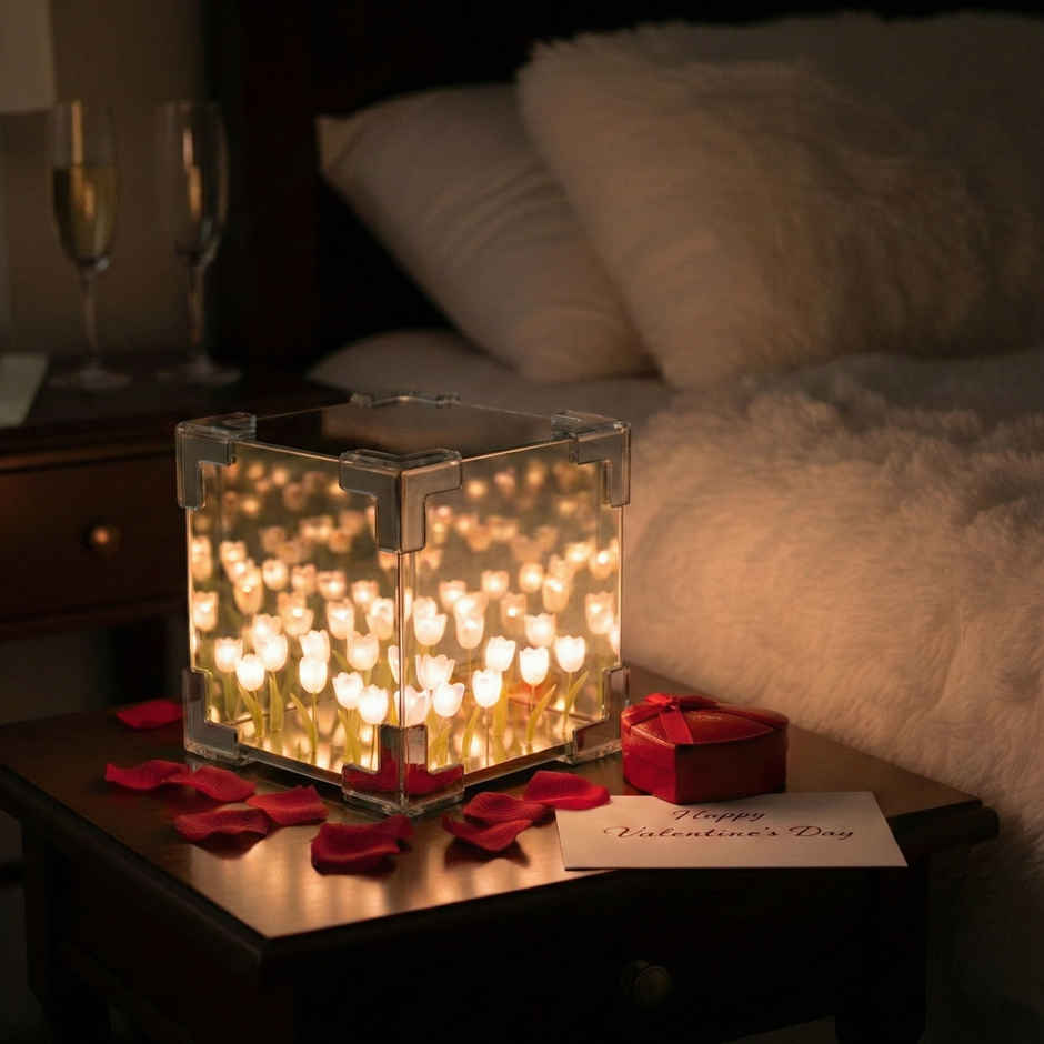 Desidiya Diy Tulip Cube Mirror Lamp Led Flower Lights, 2-In-1 Mirror & Table Decor - 1 pc