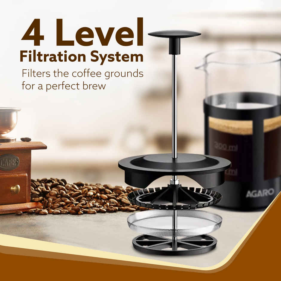 Agaro Delite French Press Coffee And Tea Maker, 600ml, Borosilicate Glass Body With Sleeves, Glass Carafe, BPA Free Plastic Lid Strainer - Black