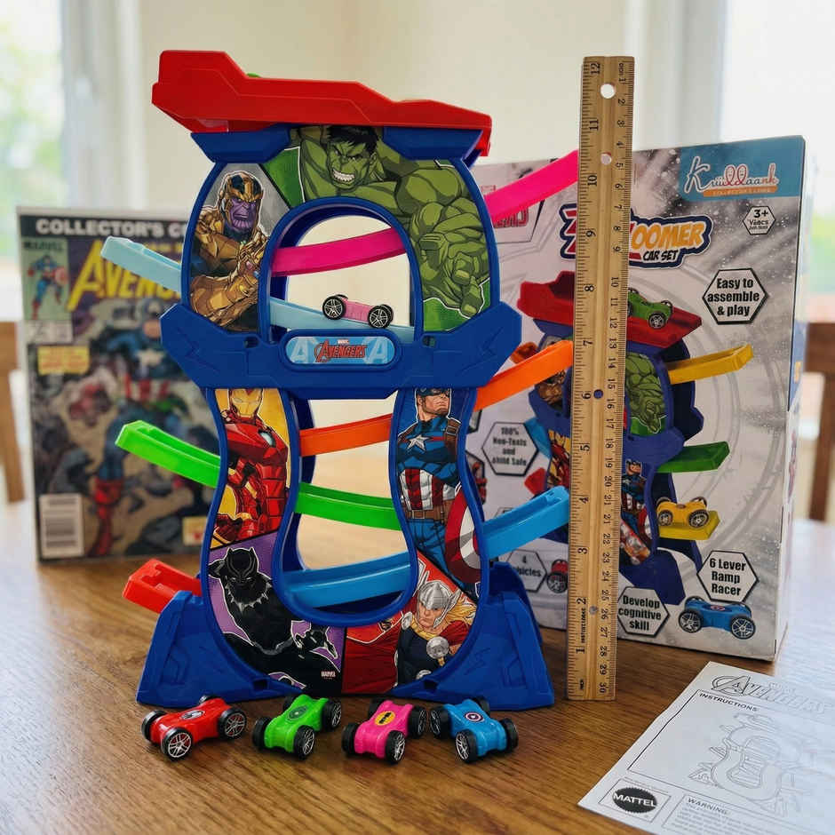 Kriiddaank Avengers Zig Zag Zoomer - Ramp Racer Car Track Set for Toddlers 15 Pieces 4 Mini Vehicles