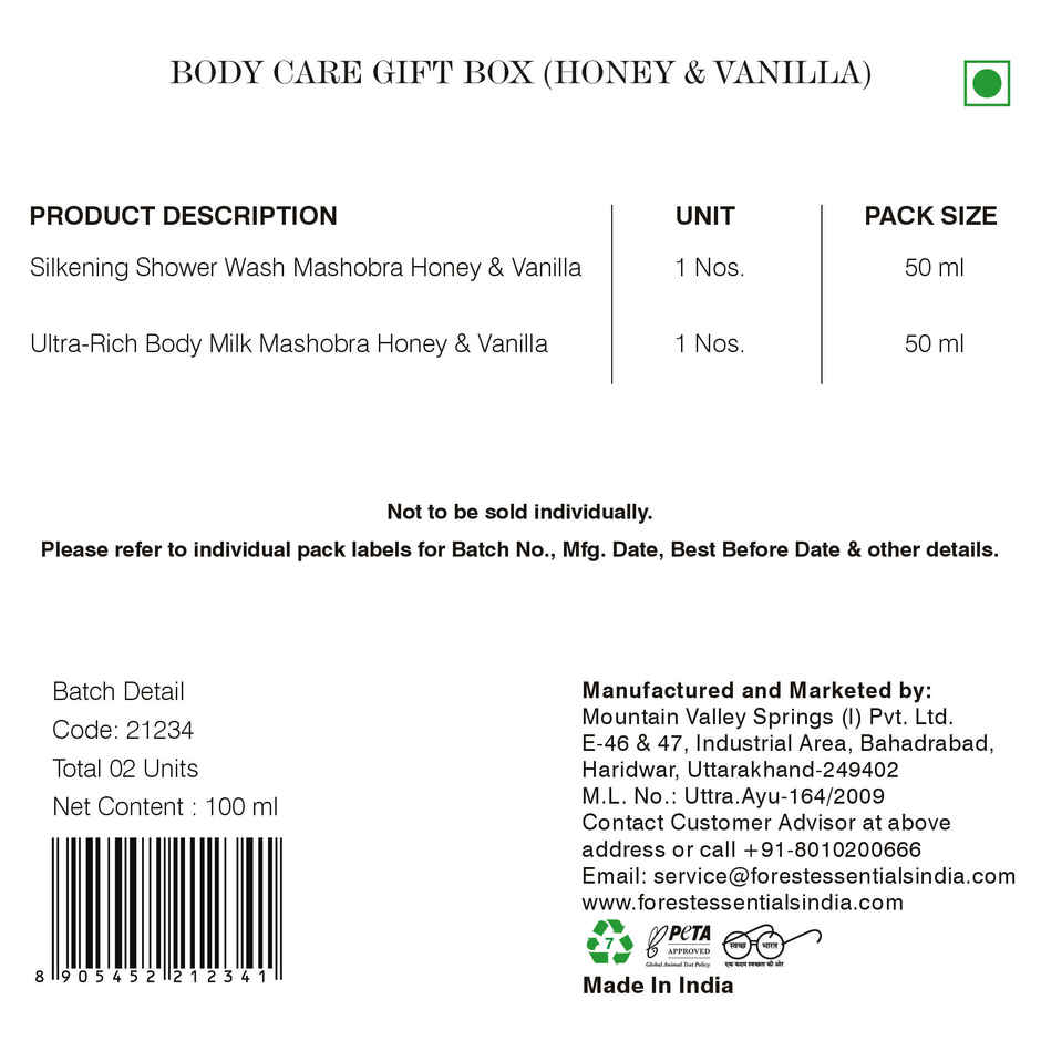 Forest Essentials Honey Vanilla Body Care Gift Box | Shower Wash & Body Milk Duo
