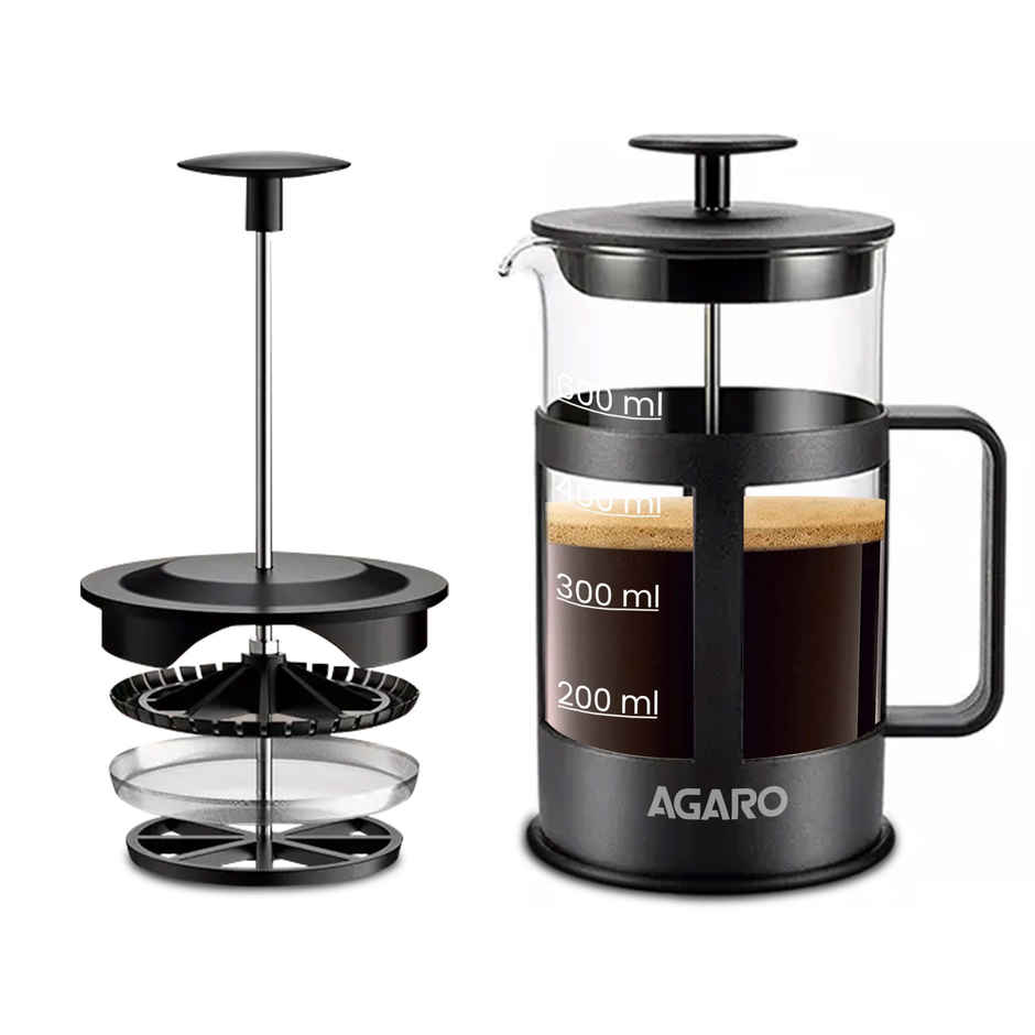 Agaro Delite French Press Coffee And Tea Maker, 600ml, Borosilicate Glass Body With Sleeves, Glass Carafe, BPA Free Plastic Lid Strainer - Black