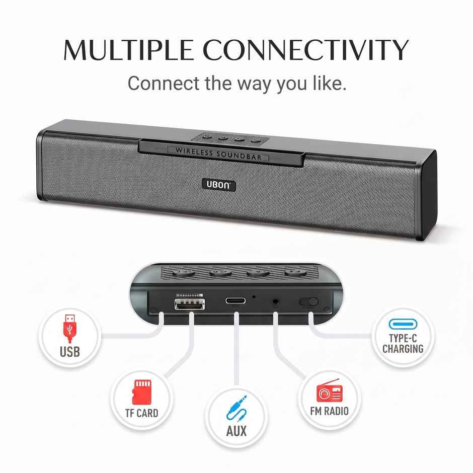 UBON Thunder 16W Wireless Soundbar with Voice Changer Mic | 10hrs Playtime | RGB Lights | BT v5.3 | TF, AUX, USB & FM (Black)