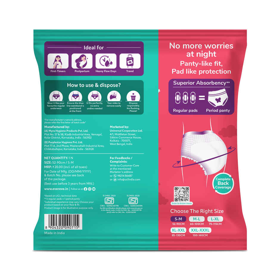 Evereve Period Panty | Heavy Flow | 360 degree Leak Protection | Disposable | S-M