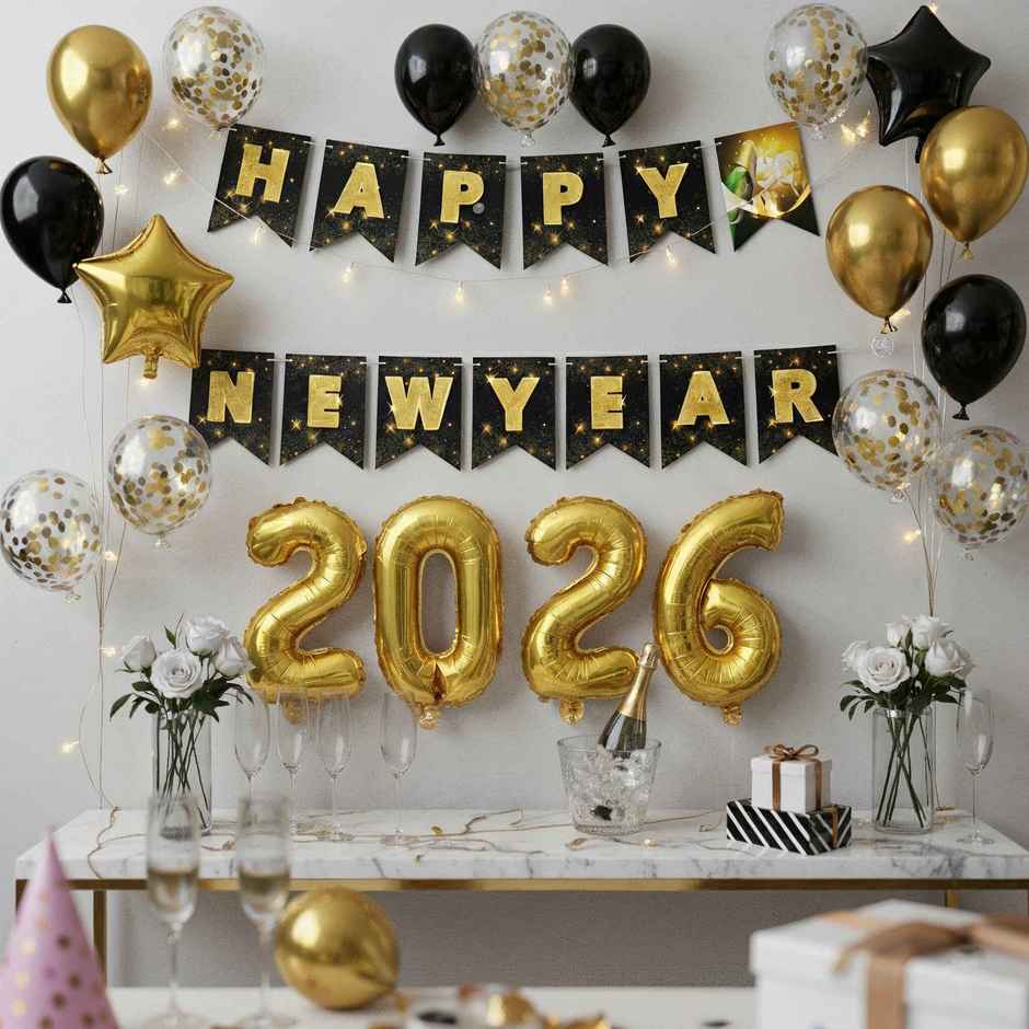 Happy New Year Party Kit | Banner + 2026 Foil Balloons | Party Decoration | Party Needs| Propcon