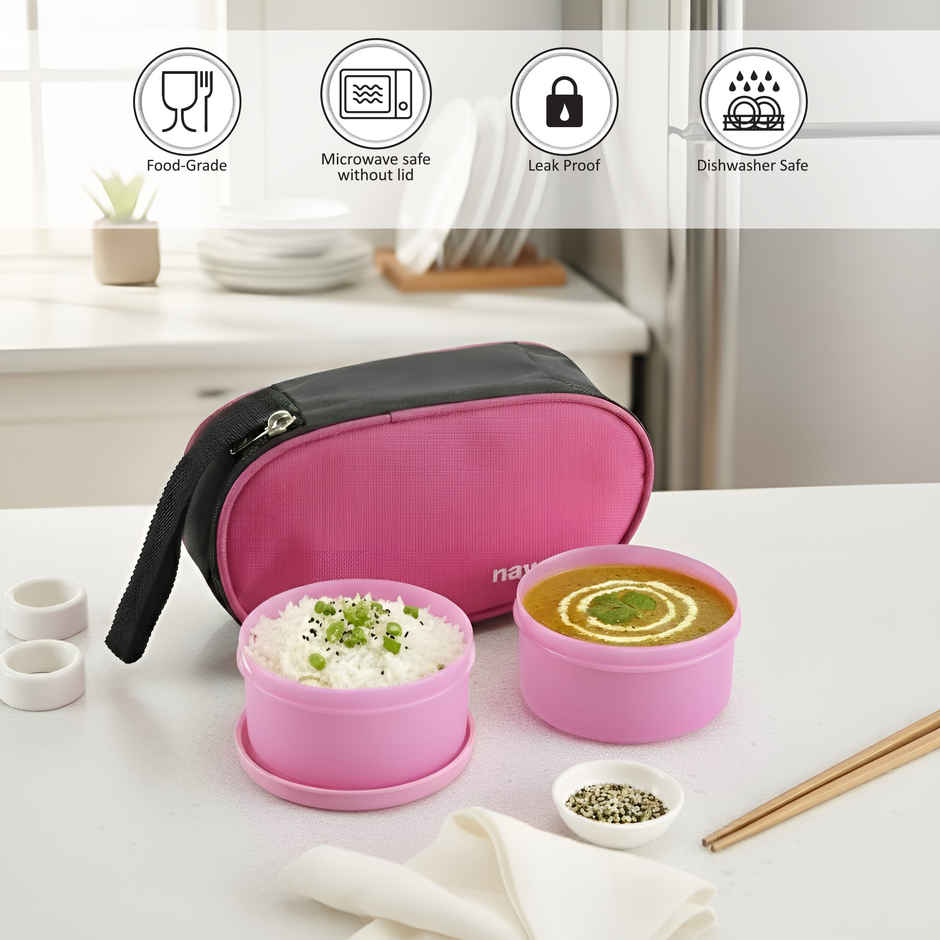 Nayasa Microfresh Crunchy Munchy Plastic Lunch Box Tiffin With Bag | Pink