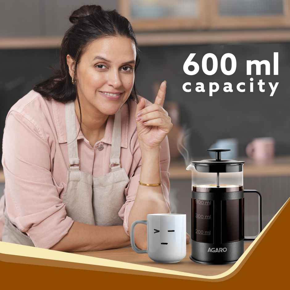 Agaro Delite French Press Coffee And Tea Maker, 600ml, Borosilicate Glass Body With Sleeves, Glass Carafe, BPA Free Plastic Lid Strainer - Black