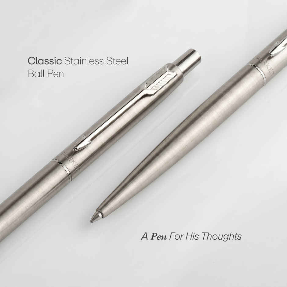 Parker Classic Stainless Steel Chrome Trim Ball Pen & Grey Notebook | Elegant Gift Set