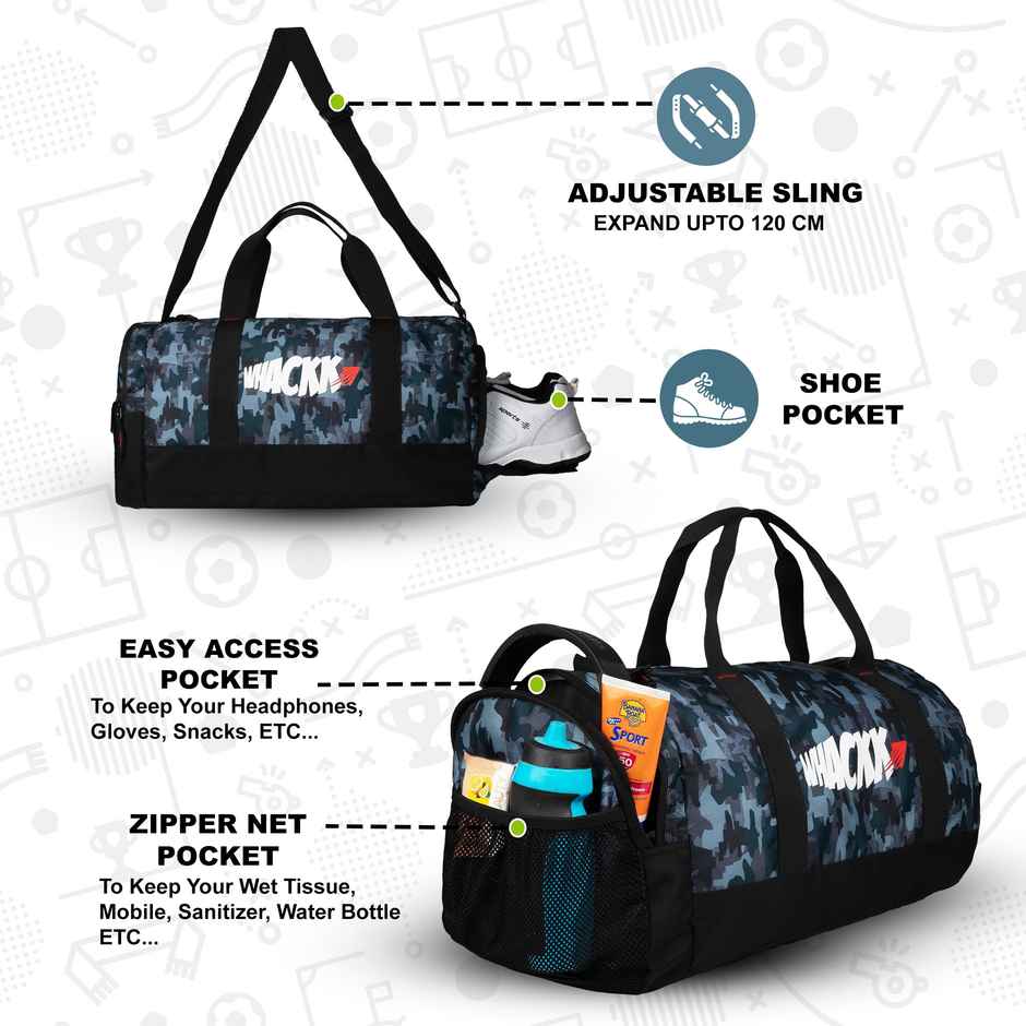Whackk Unisex Camouflage Polyester 30 L Web Handle Duffle Bag | Black and Grey