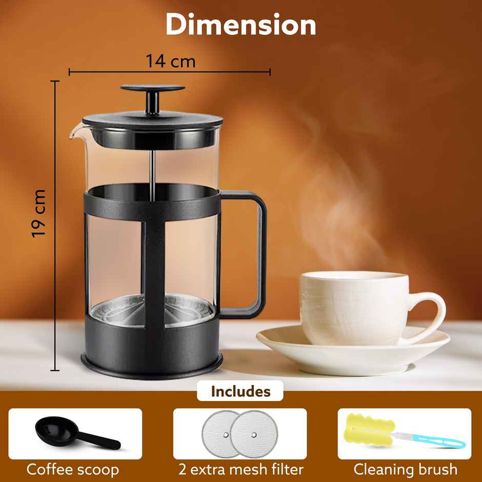 Agaro Delite French Press Coffee And Tea Maker, 600ml, Borosilicate Glass Body With Sleeves, Glass Carafe, BPA Free Plastic Lid Strainer - Black