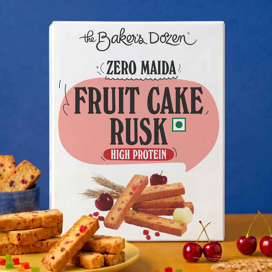 The Baker'S Dozen Zero Maida Elaichi Rusk (80g) & The Baker'S Dozen Zero Maida Fruit Cake Rusk - High Protein (100g) Combo