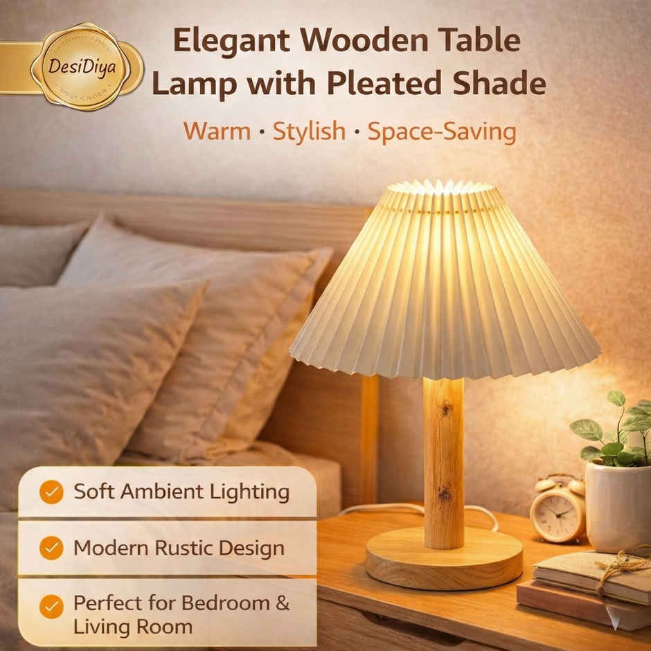 Desidiya DIY Pleated Shade Wooden Table Lamp Home Decor | Lamp for Living Room Warm White