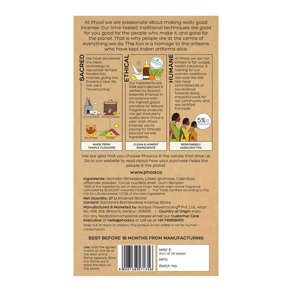 Phool Sandalwood Dhoop Sticks - 100% Natural Bambooless Incense Sticks