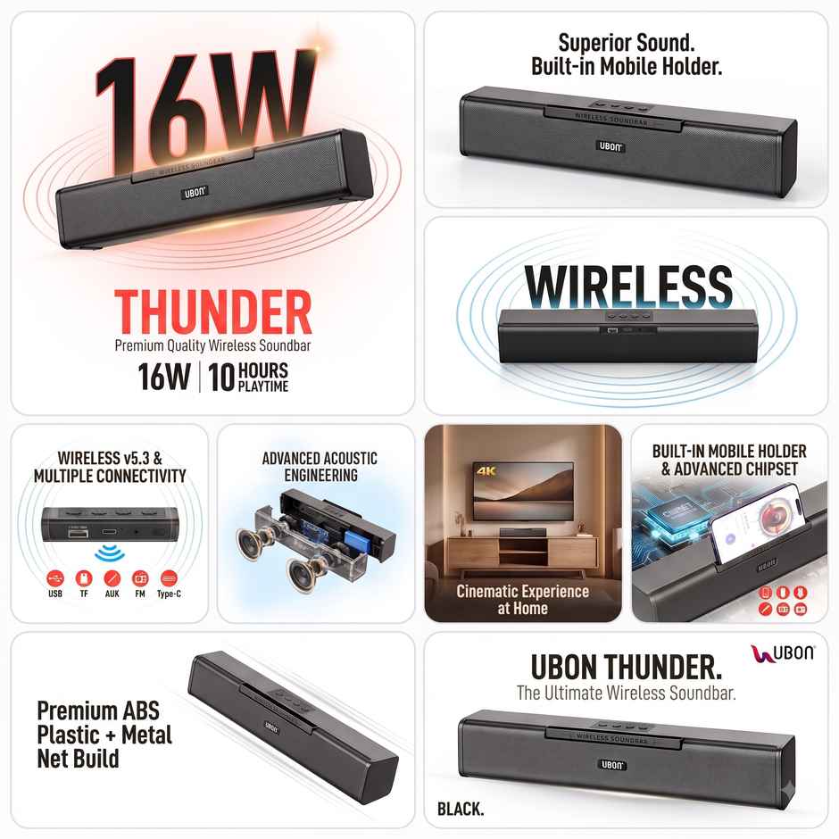 UBON Thunder 16W Wireless Soundbar with Voice Changer Mic | 10hrs Playtime | RGB Lights | BT v5.3 | TF, AUX, USB & FM (Black)
