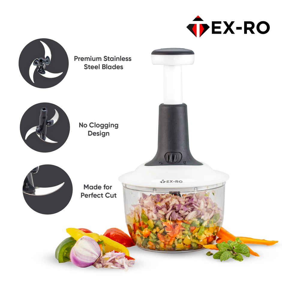 Tex-Ro White & Grey Stainless Steel 3 Blades Manual Hand Press Vegetable & Fruit Chopper