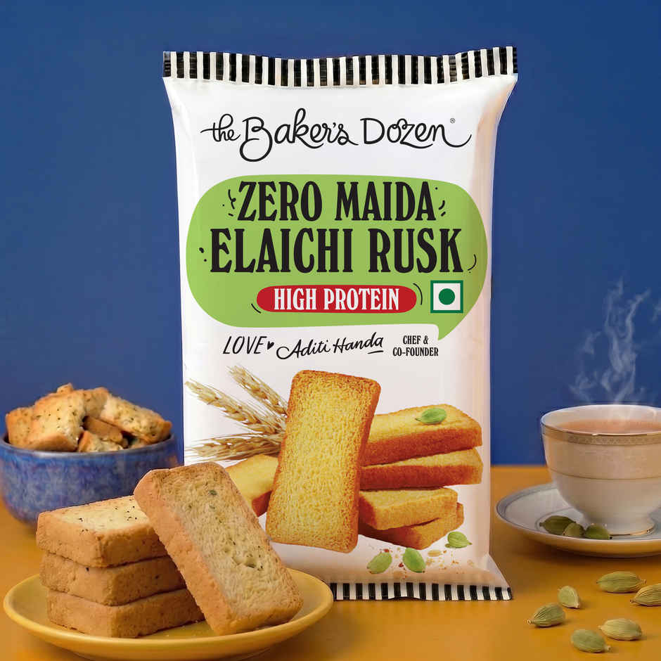 The Baker'S Dozen Zero Maida Elaichi Rusk (80g) & The Baker'S Dozen Zero Maida Fruit Cake Rusk - High Protein (100g) Combo