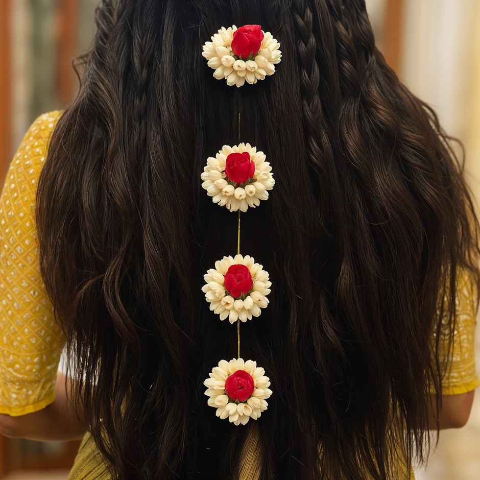 Artificial Flower Gajra | Traditional Hair Accessory | White & Red | Oye Happy