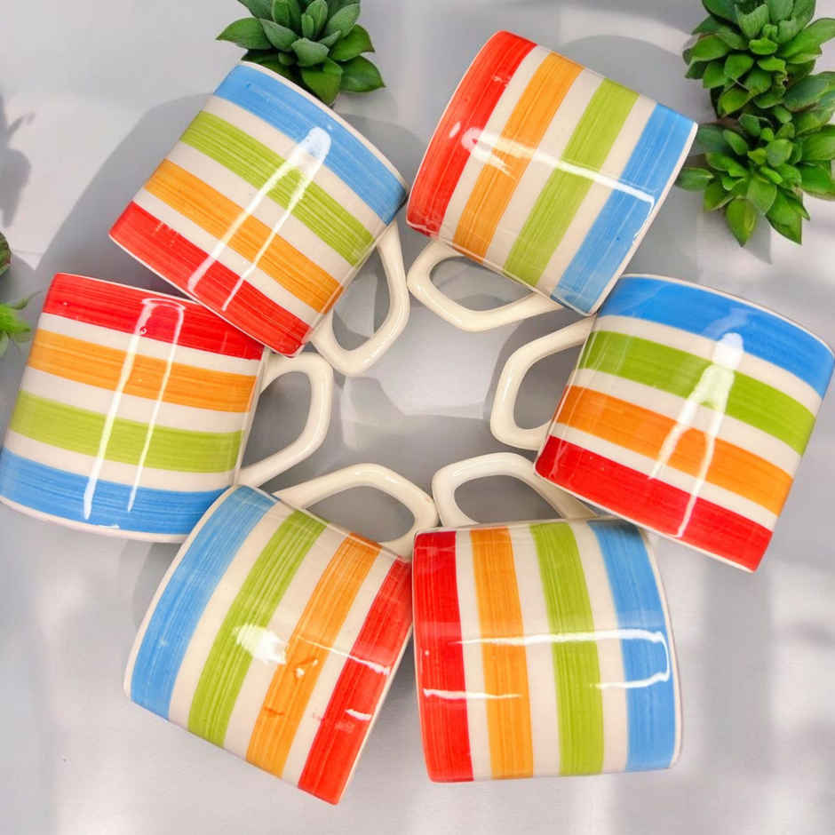 Saffron Ceramic Clay Rainbow Striped Tea And Coffee Cups | Set Of 6