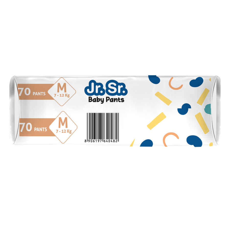 Jr. Sr. Baby Pant Style Diaper | M | 70 pcs | Upto 12 Hours Protection, Wetness Indicator
