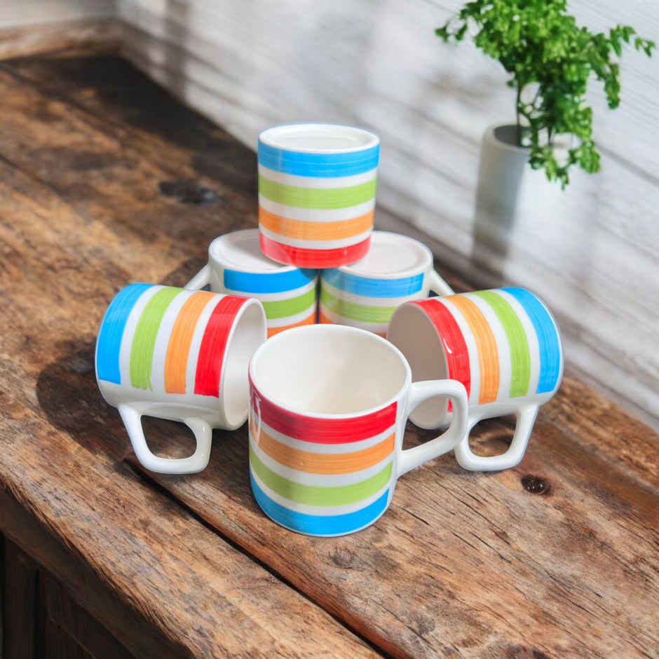 Saffron Ceramic Clay Rainbow Striped Tea And Coffee Cups | Set Of 6