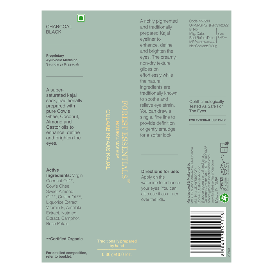 Forest Essentials Pure Gulaab Khaas Kajal | Charcoal Black
