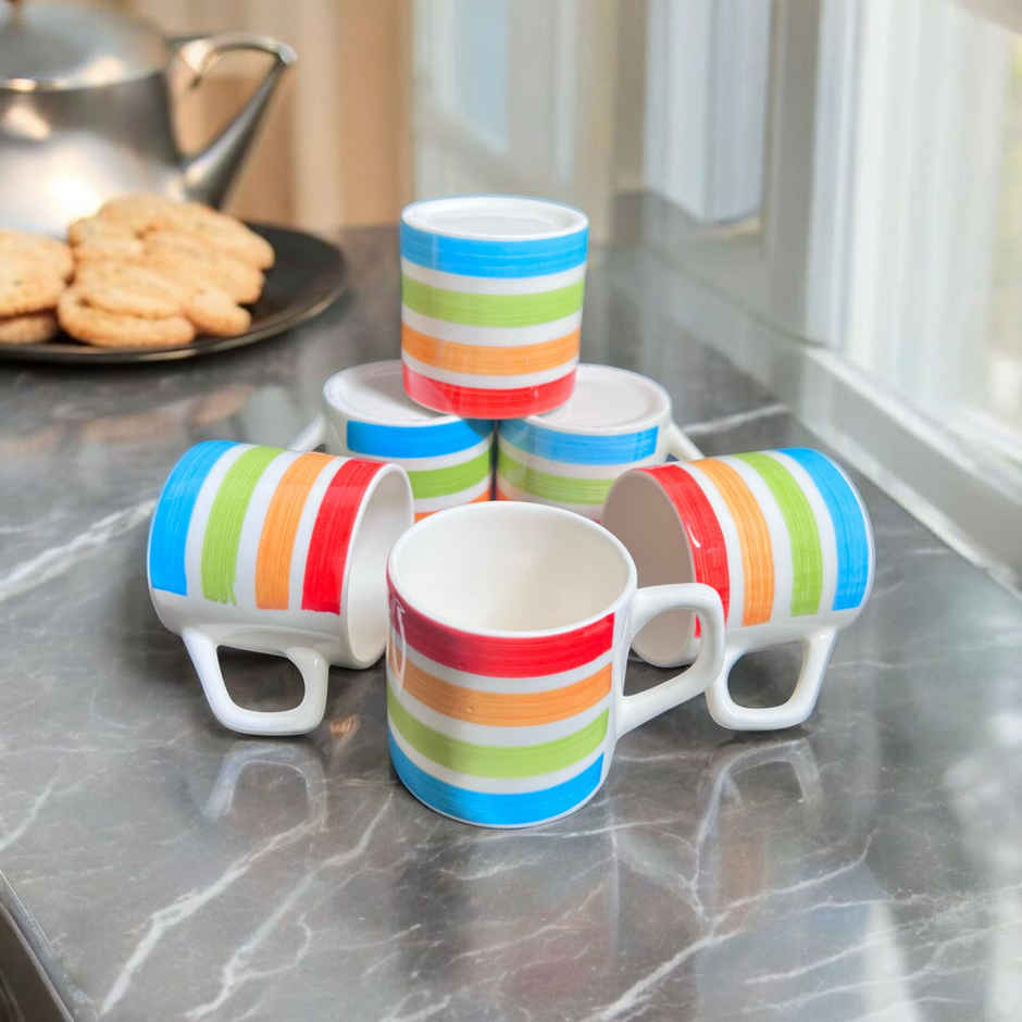 Saffron Ceramic Clay Rainbow Striped Tea And Coffee Cups | Set Of 6