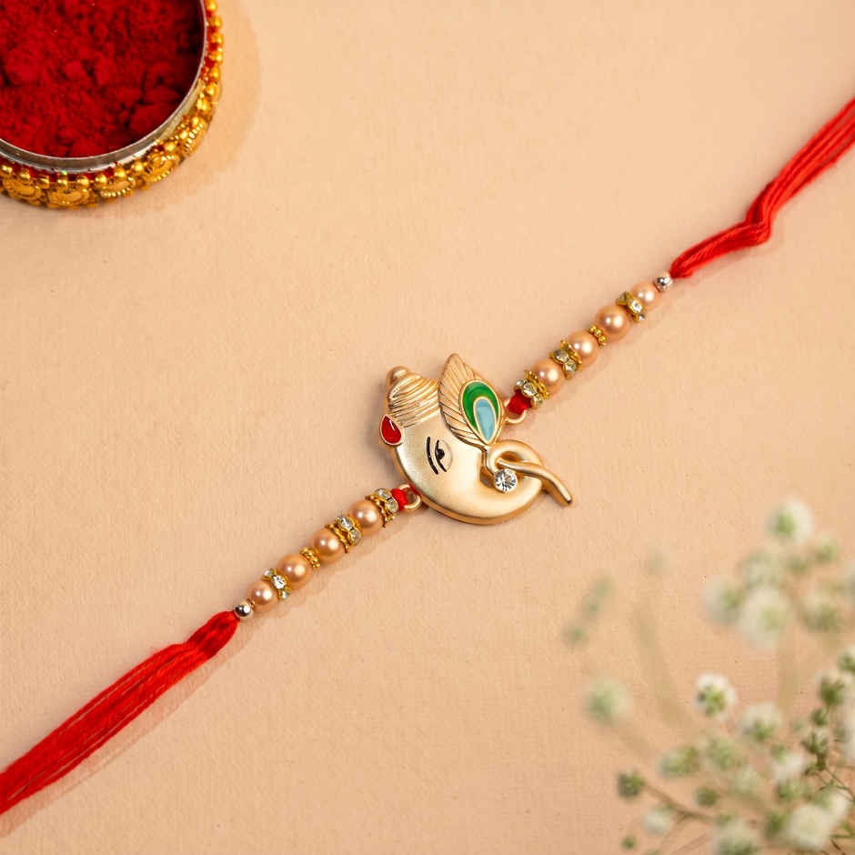 Rakhi for Brother | Ganesha Designer | Religious | Includes Roli Chawal | Pack of 1 | Tied Ribbons
