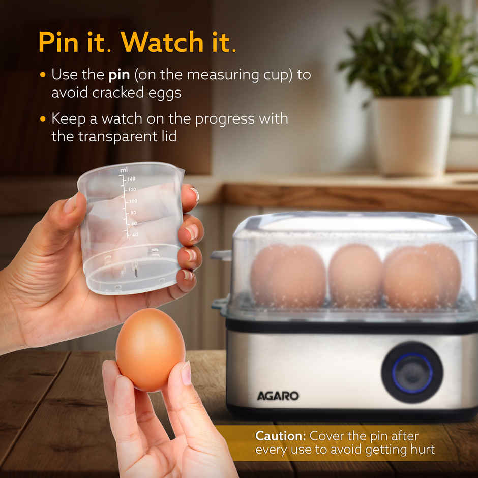 Agaro Grand Egg Boiler And Poacher, 500W, 2-in1 Boils 8 Eggs, Poach 4 Eggs, Steamed Vegetables, 3 Boiling Modes, Stainless Steel Body - Silver