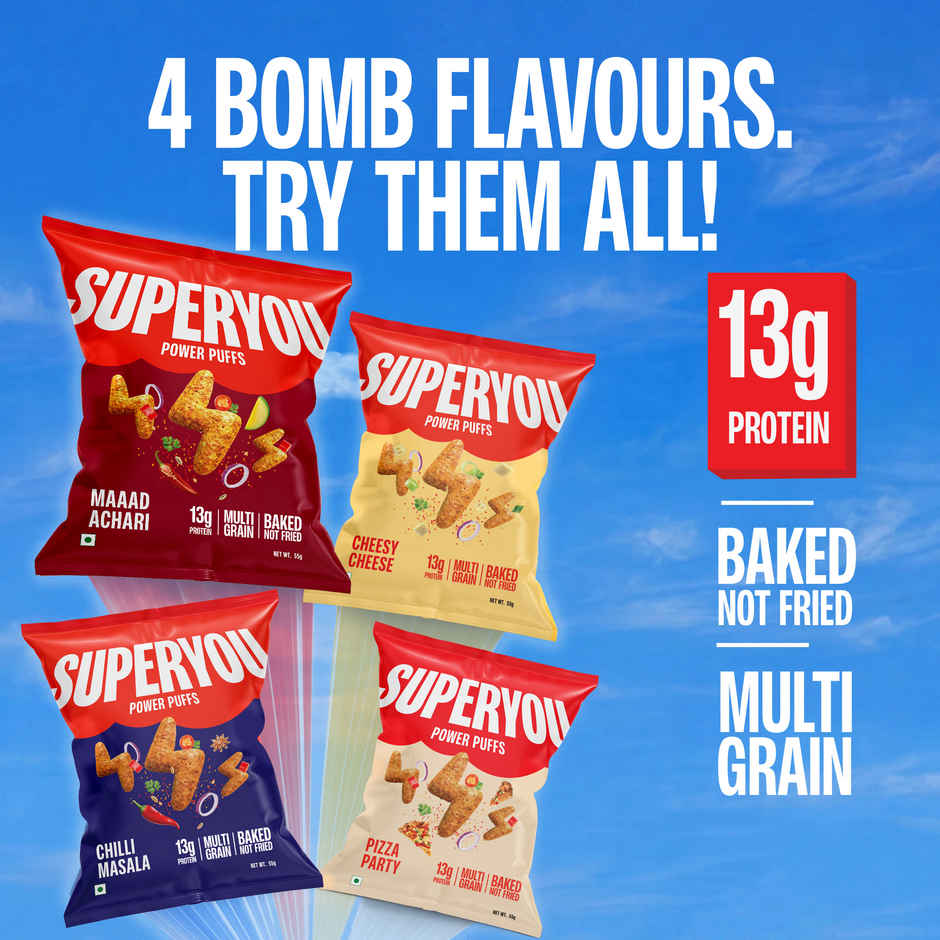 SuperYou Power Puffs - Chilli Masala | 13g protein | Multigrain, No Palm Oil, No Cholesterol