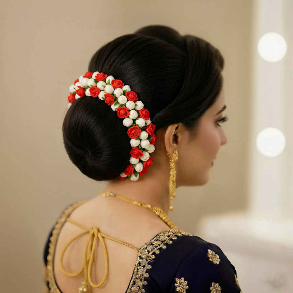 Artificial Red Rose & jasmine Flower Gajra | Traditional Hair Accessory | White & Red | Oye Happy