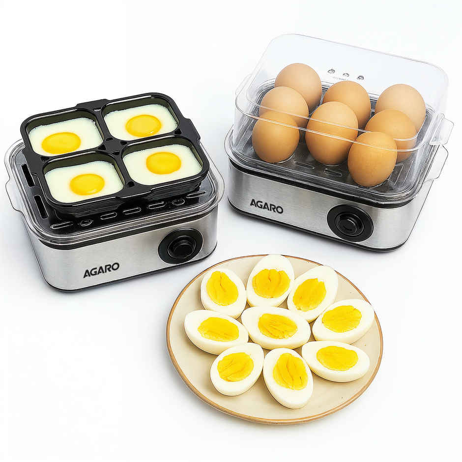 Agaro Grand Egg Boiler And Poacher, 500W, 2-in1 Boils 8 Eggs, Poach 4 Eggs, Steamed Vegetables, 3 Boiling Modes, Stainless Steel Body - Silver
