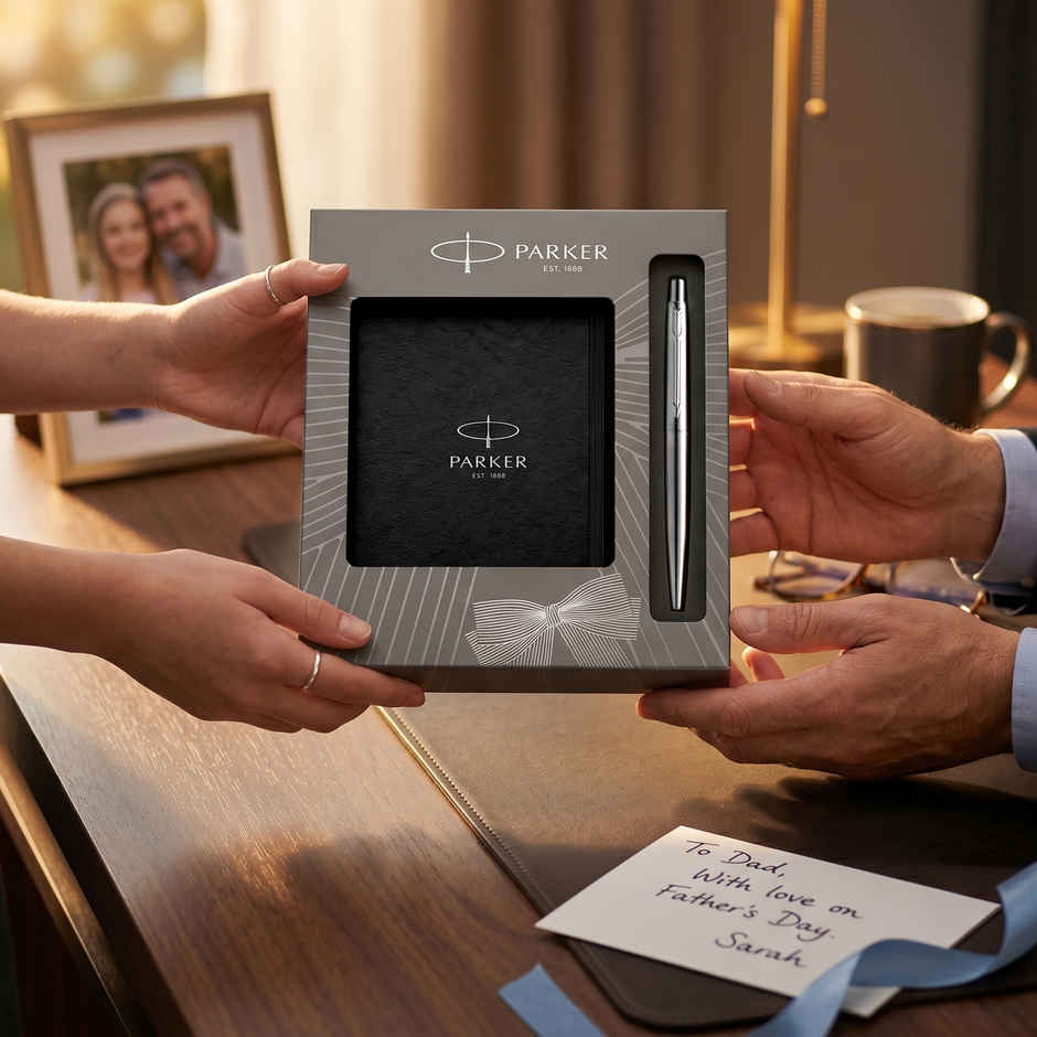 Parker Classic Stainless Steel Chrome Trim Ball Pen & Grey Notebook | Elegant Gift Set