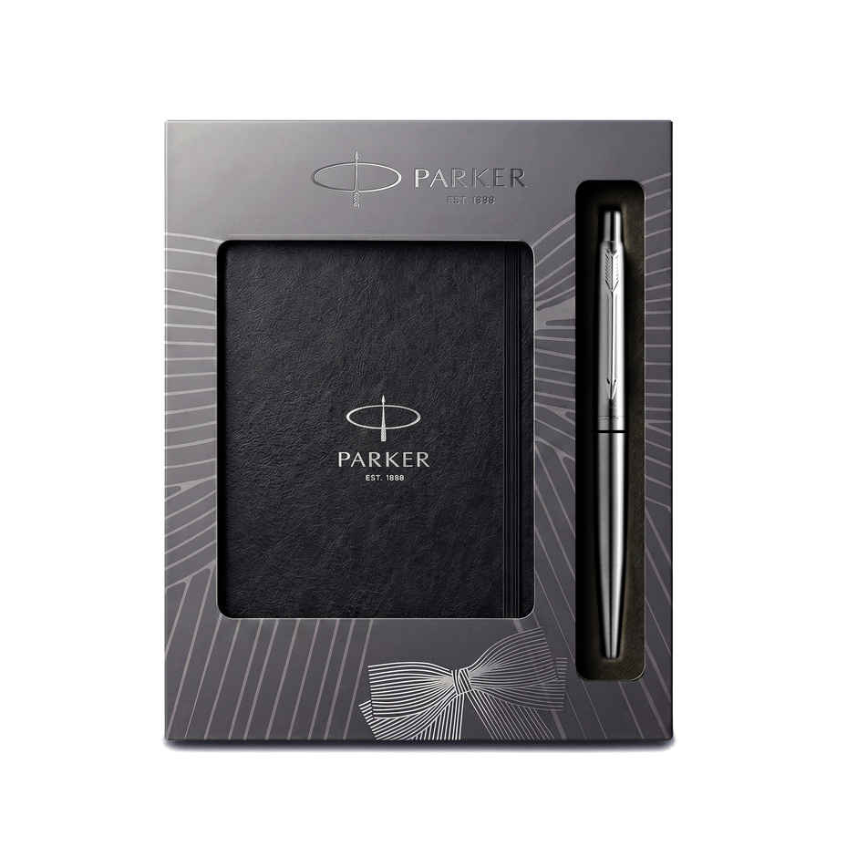 Parker Classic Stainless Steel Chrome Trim Ball Pen & Grey Notebook | Elegant Gift Set