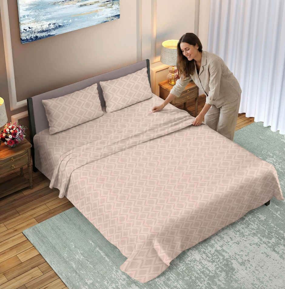 Dream Living Embossed Double Bedsheet Set | Beige - 220 x 250 cm